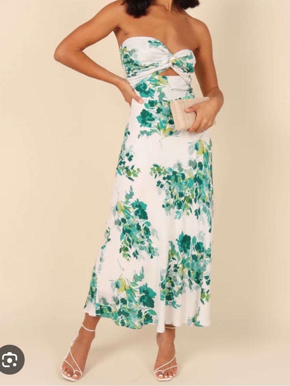 Petal & Pup White Strapless Midi Dress with Green Floral Print